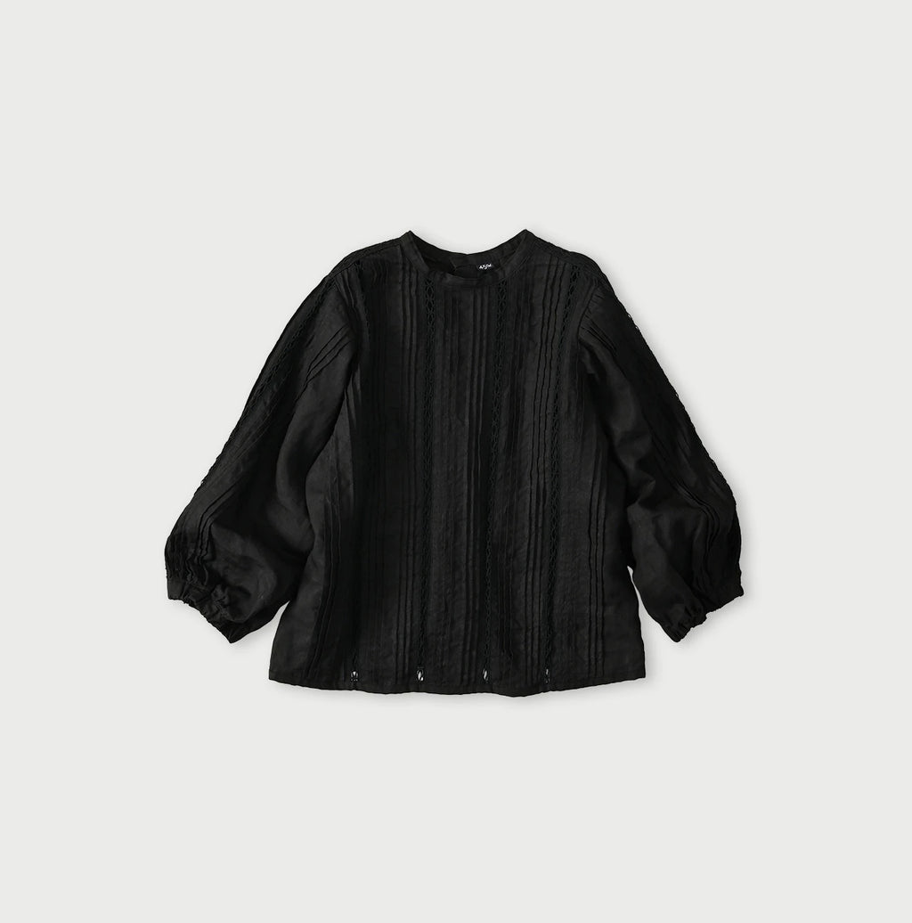 Linen Pintuck Lace Blouse Black