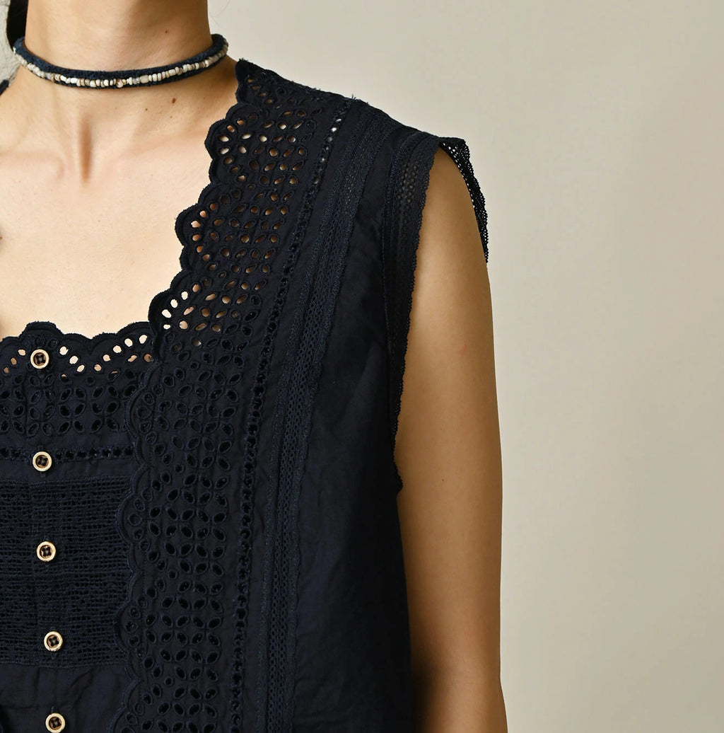 Indigo Batiste Cutwork Sleeveless Top Detail