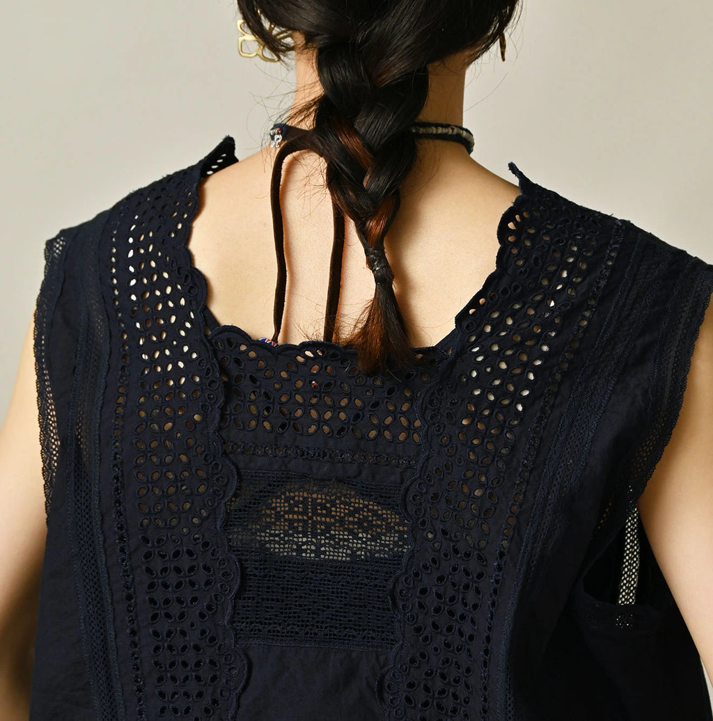Indigo Batiste Cutwork Sleeveless Top Detail