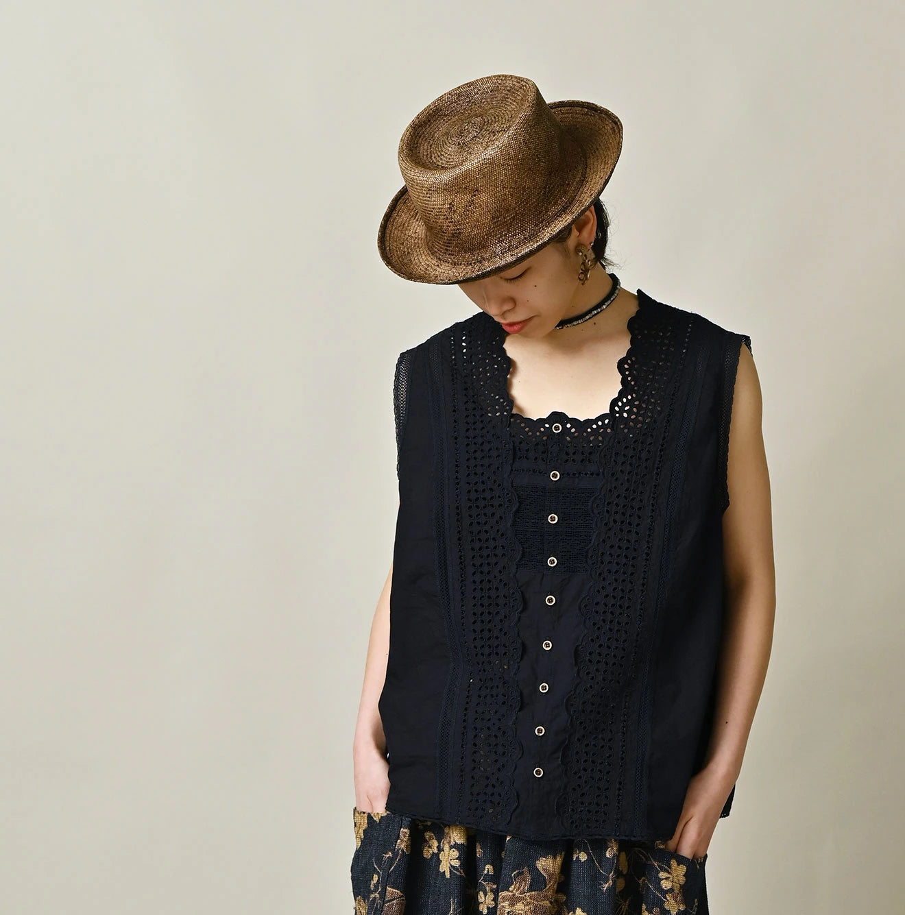 Indigo Batiste Cutwork Sleeveless Top Female Model