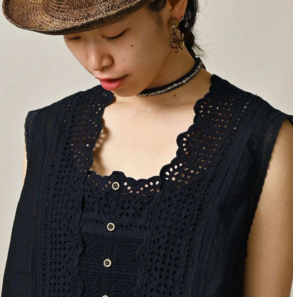 Indigo Batiste Cutwork Sleeveless Top Detail