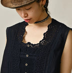 Indigo Batiste Cutwork Sleeveless Top Detail