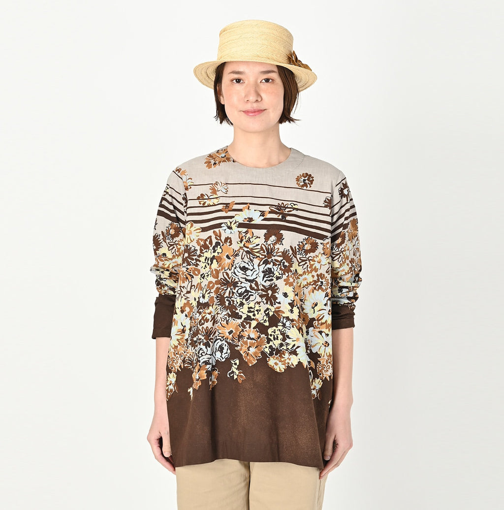 Border Flower Print Cotton Blouse Female Model