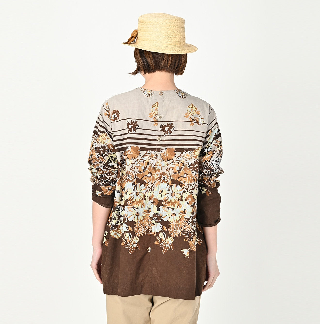 Border Flower Print Cotton Blouse Female Model