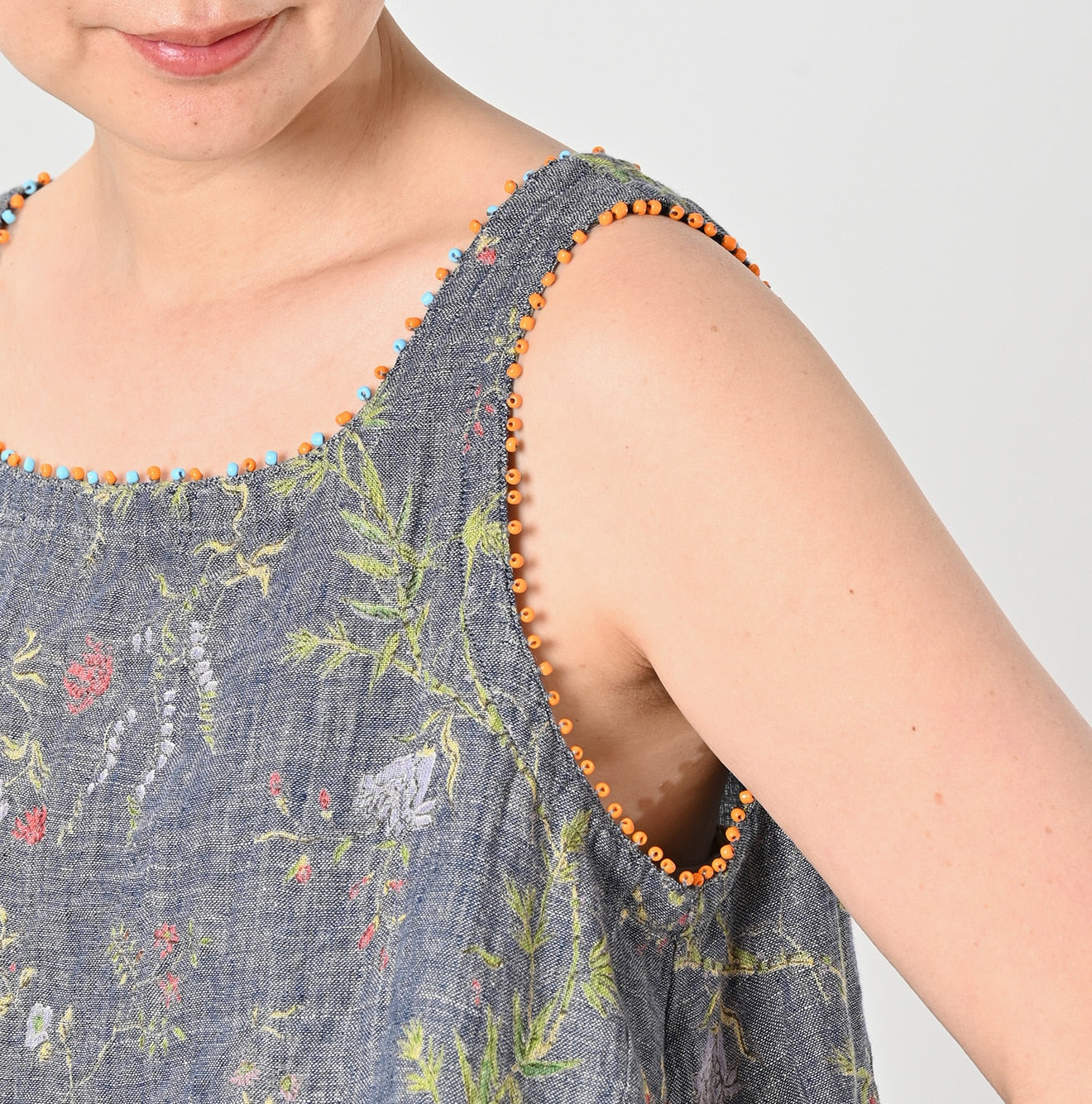 Dungaree Indian Cotton Linen Flower Print Poyon Camisole Blouse Detail
