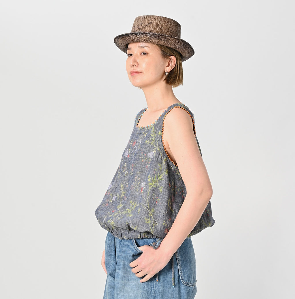 Dungaree Indian Cotton Linen Flower Print Poyon Camisole Blouse Female Model