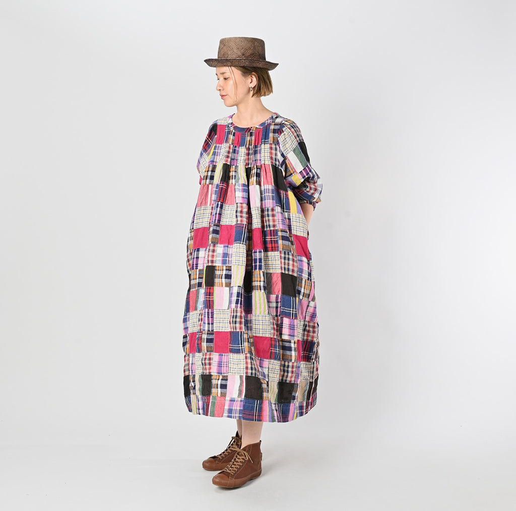 Indian Linen Patchwork Dress Blue Patchwork Female Model