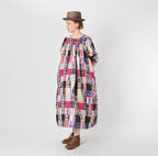 Indian Linen Patchwork Dress Blue Patchwork Female Model