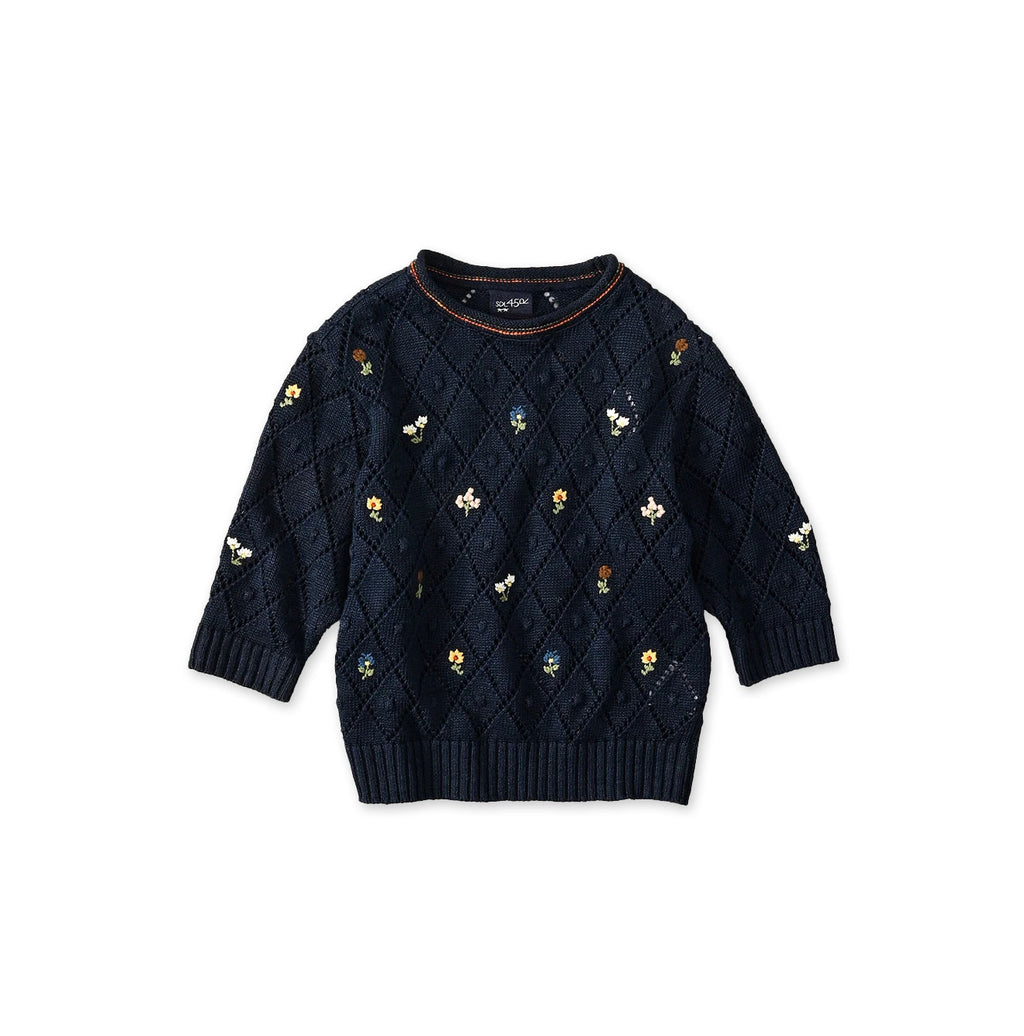 Linen Hippie Flower Puff Sweater Navy