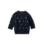Linen Hippie Flower Puff Sweater Navy