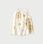 Indian Linen Gold Leaf Print Shirred Sleeveless Shirt