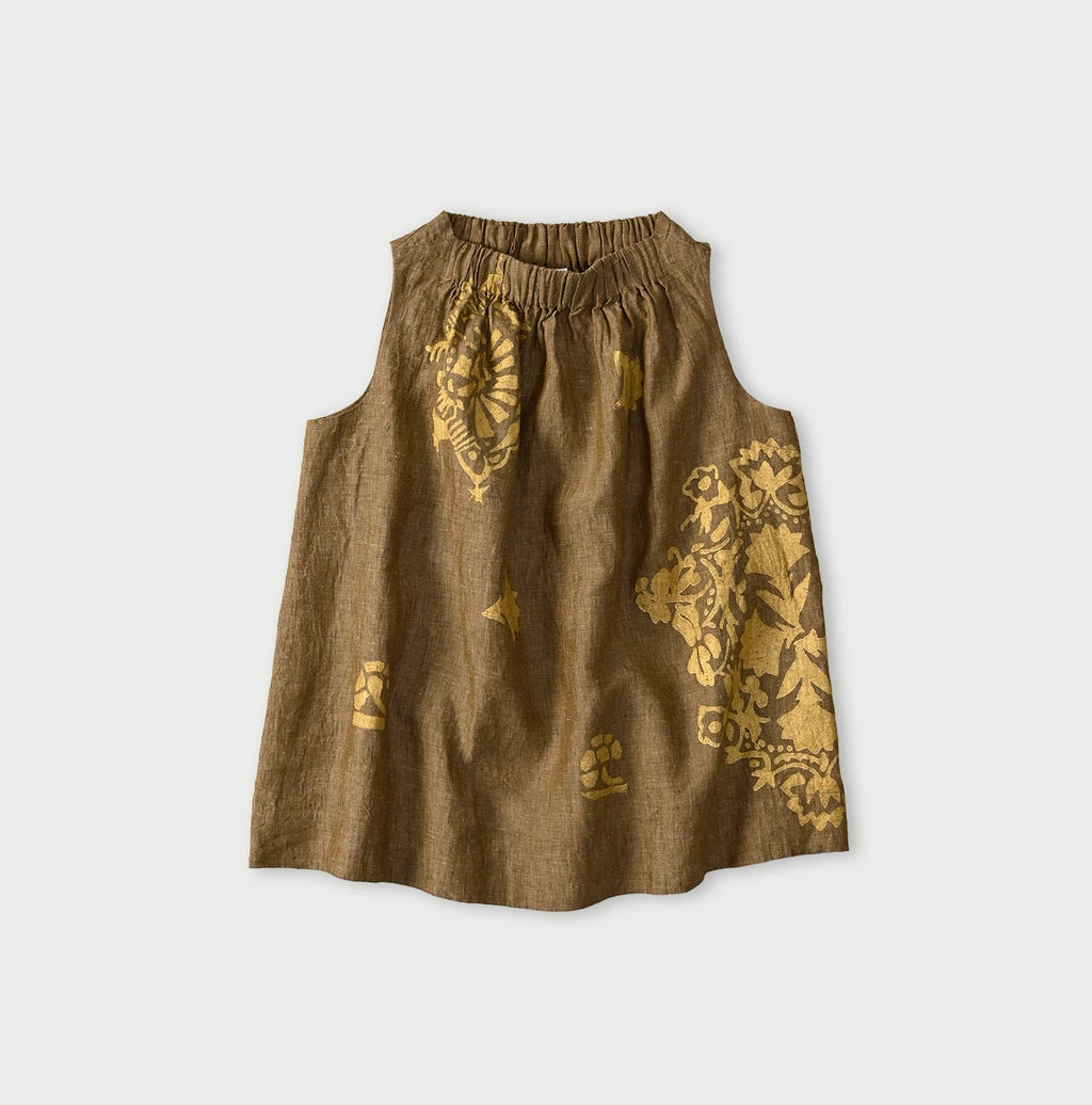 Indian Linen Gold Leaf Print Shirred Sleeveless Shirt