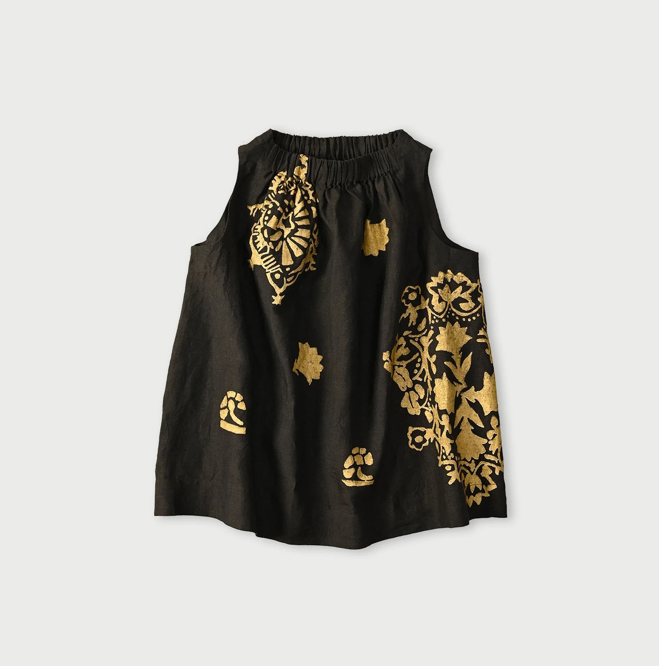 Indian Linen Gold Leaf Print Shirred Sleeveless Shirt