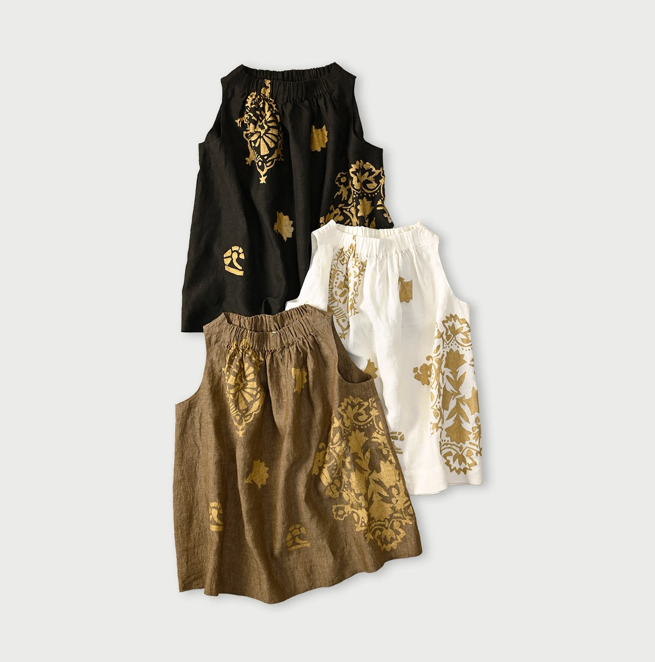 Indian Linen Gold Leaf Print Shirred Sleeveless Shirt