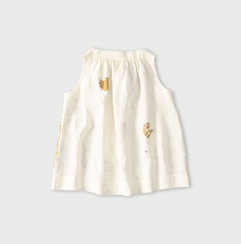 Indian Linen Gold Leaf Print Shirred Sleeveless Shirt