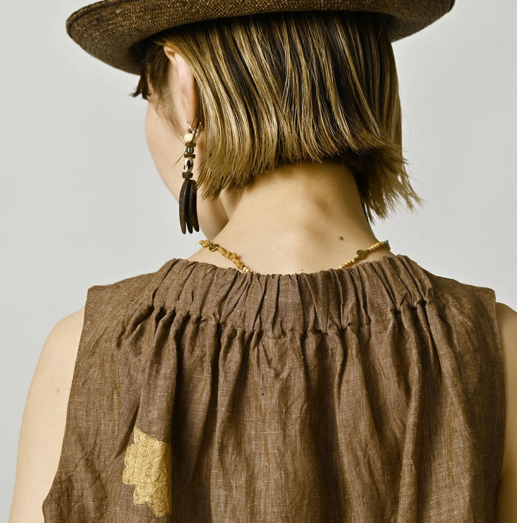 Indian Linen Gold Leaf Print Shirred Sleeveless Shirt
