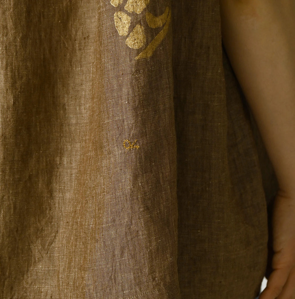 Indian Linen Gold Leaf Print Shirred Sleeveless Shirt