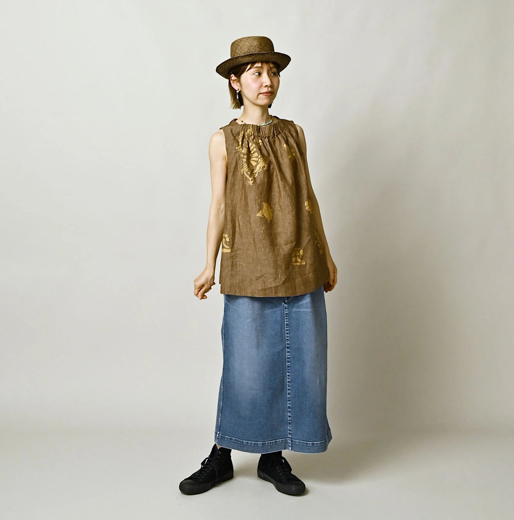Indian Linen Gold Leaf Print Shirred Sleeveless Shirt