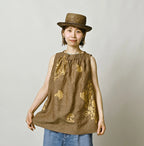 Indian Linen Gold Leaf Print Shirred Sleeveless Shirt