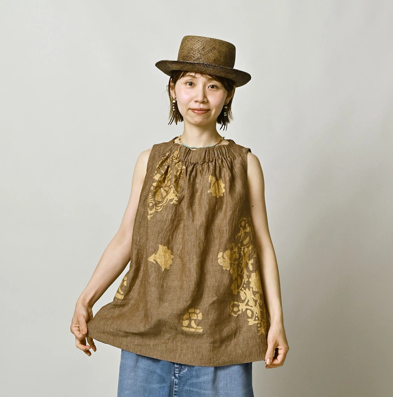 Indian Linen Gold Leaf Print Shirred Sleeveless Shirt