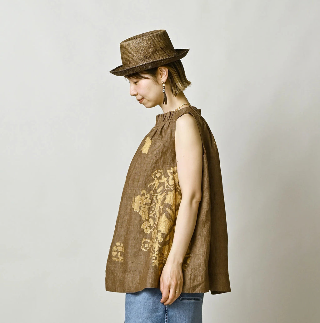 Indian Linen Gold Leaf Print Shirred Sleeveless Shirt
