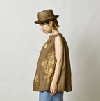 Indian Linen Gold Leaf Print Shirred Sleeveless Shirt