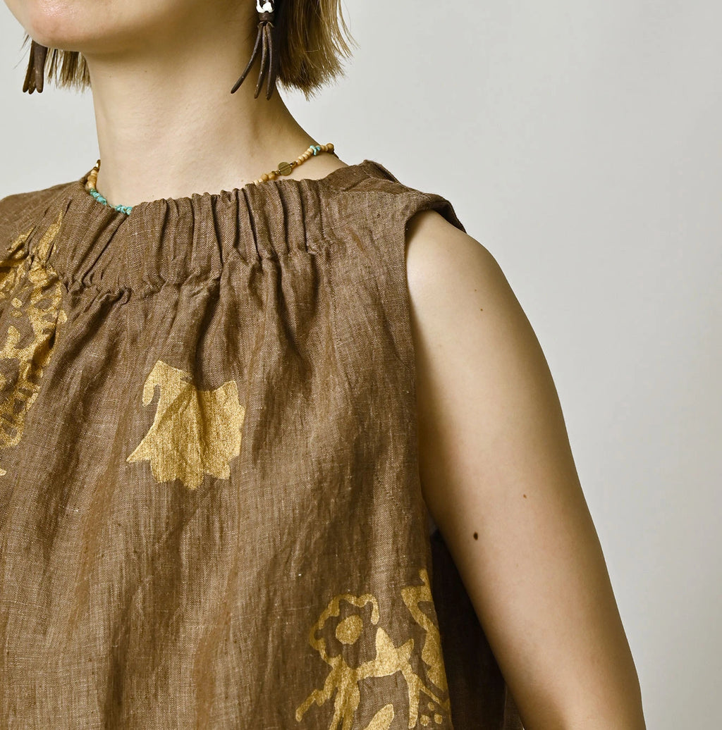 Indian Linen Gold Leaf Print Shirred Sleeveless Shirt