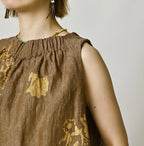 Indian Linen Gold Leaf Print Shirred Sleeveless Shirt