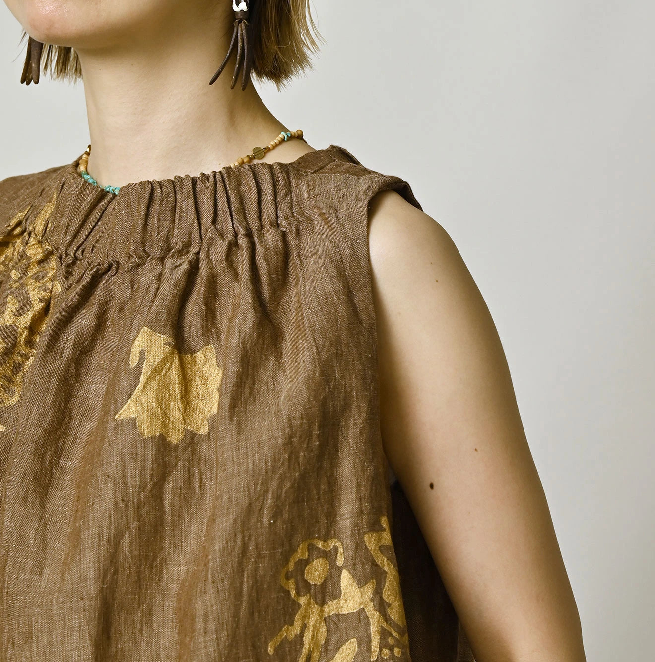 Indian Linen Gold Leaf Print Shirred Sleeveless Shirt