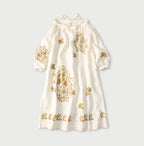 Indian Linen Gold Leaf Print Shirred Dress