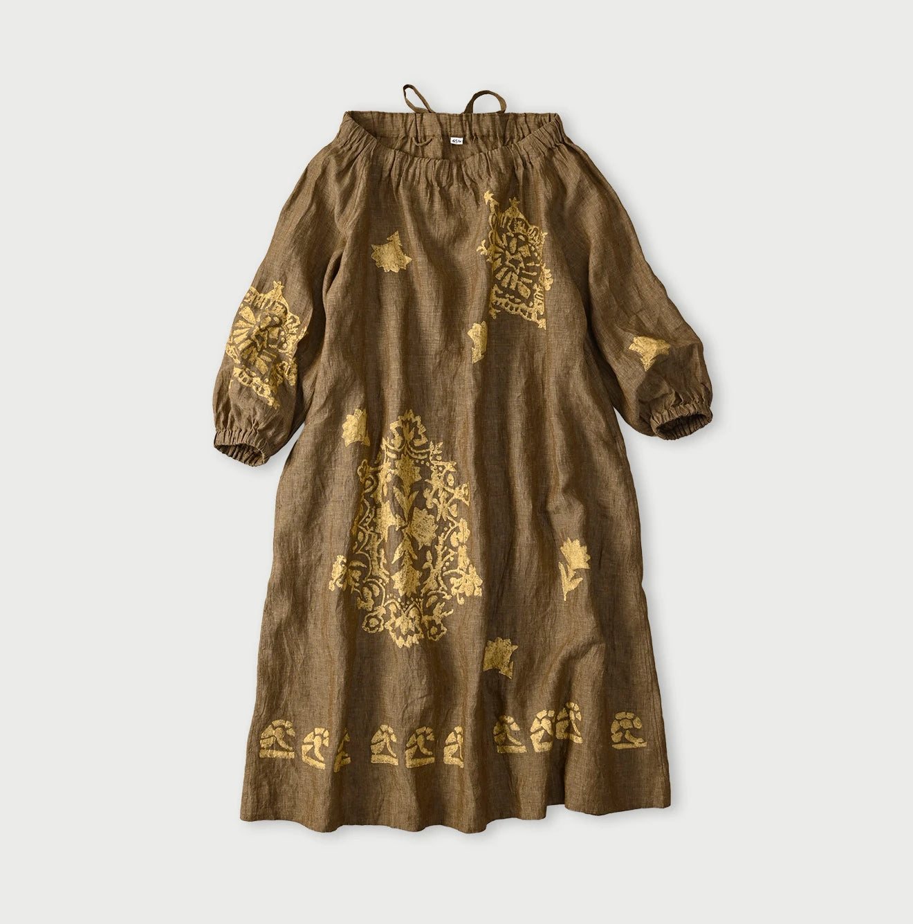 Indian Linen Gold Leaf Print Shirred Dress