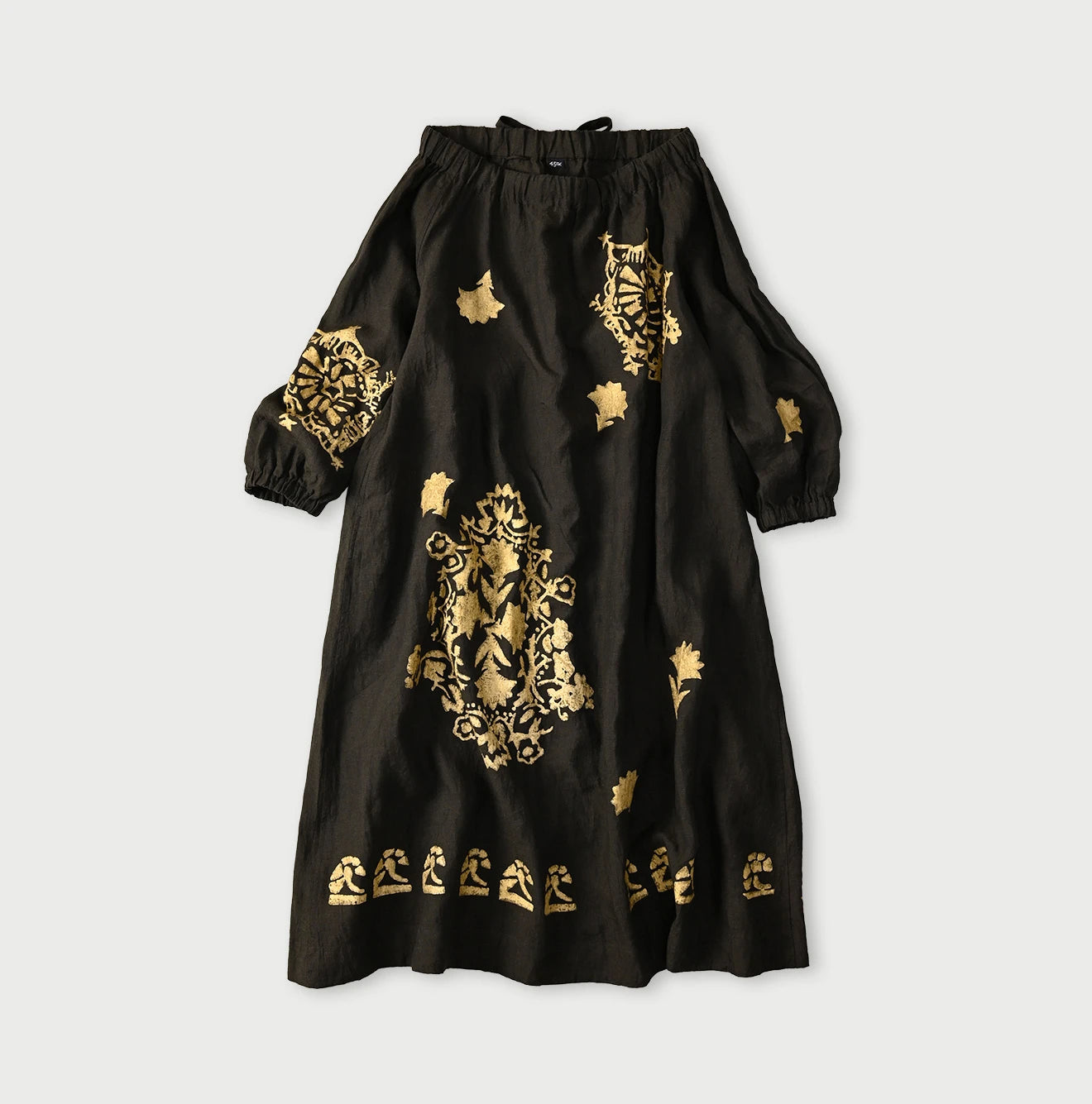 Indian Linen Gold Leaf Print Shirred Dress