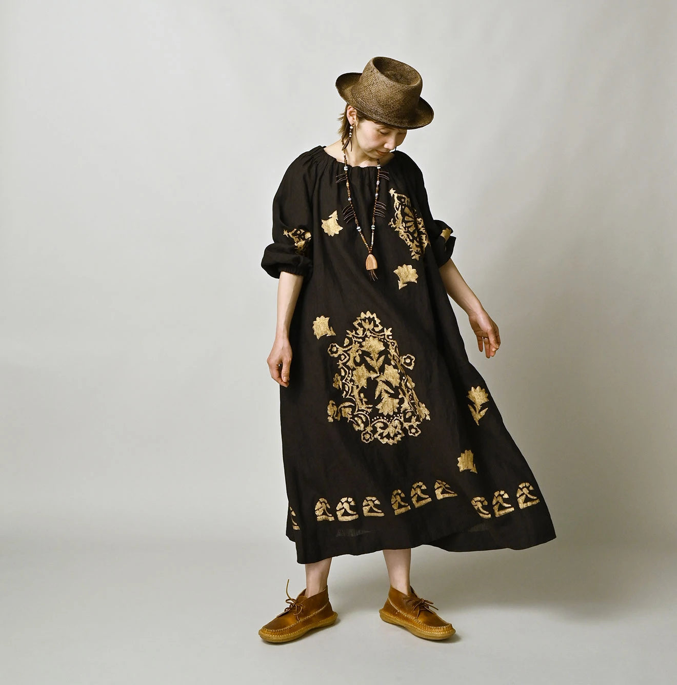 Indian Linen Gold Leaf Print Shirred Dress