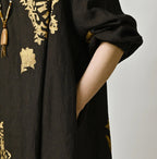 Indian Linen Gold Leaf Print Shirred Dress