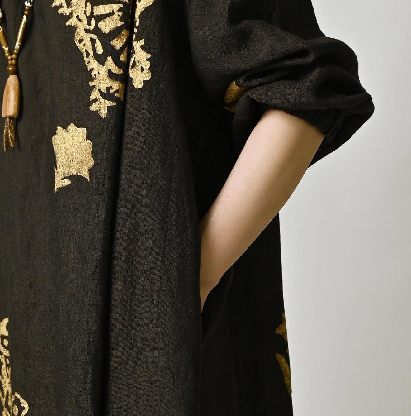 Indian Linen Gold Leaf Print Shirred Dress