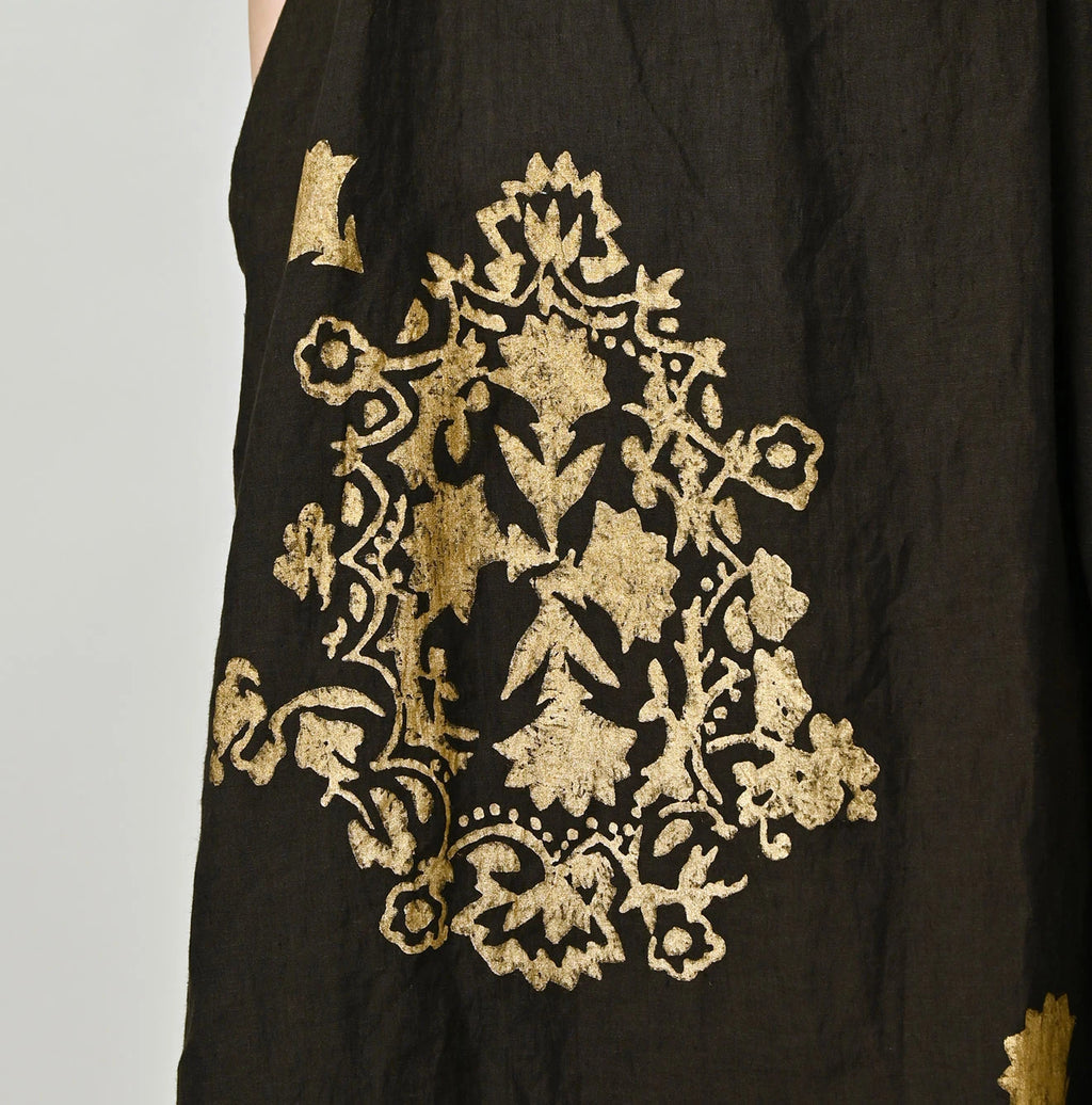 Indian Linen Gold Leaf Print Shirred Dress