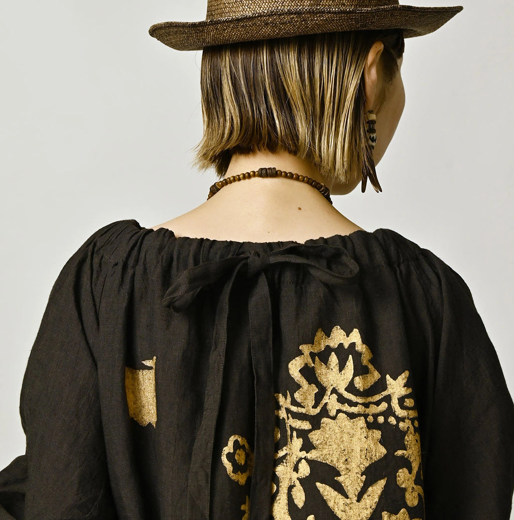 Indian Linen Gold Leaf Print Shirred Dress