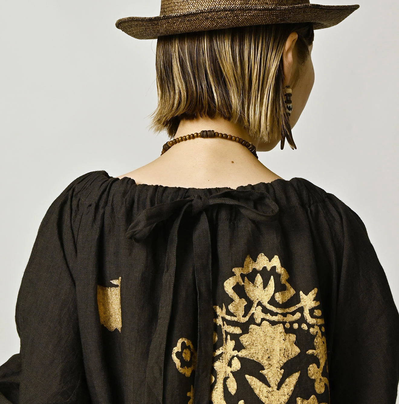 Indian Linen Gold Leaf Print Shirred Dress
