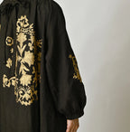Indian Linen Gold Leaf Print Shirred Dress