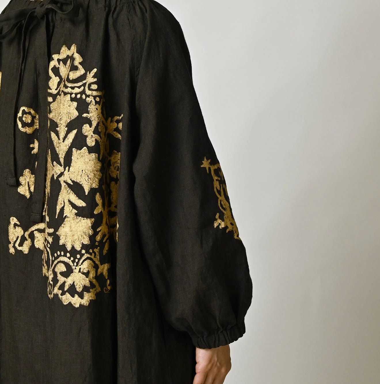 Indian Linen Gold Leaf Print Shirred Dress