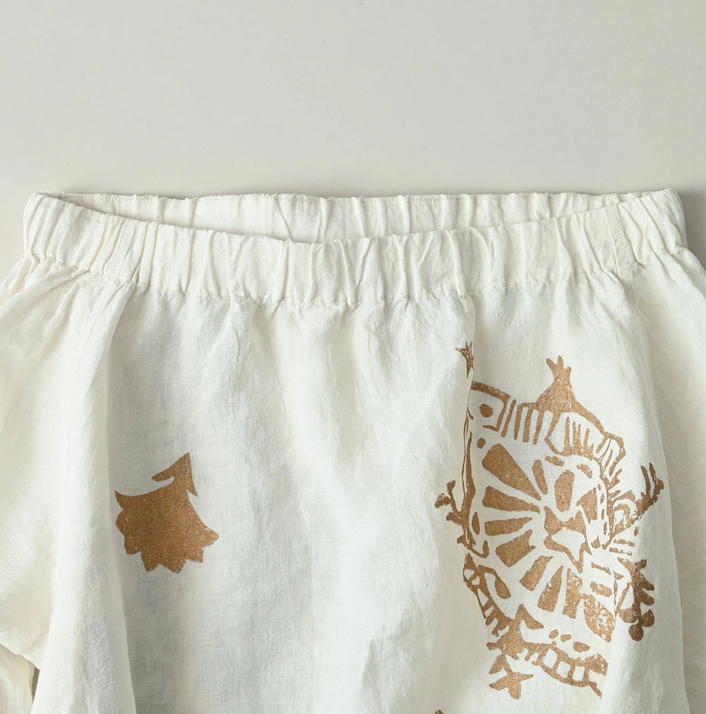 Indian Linen Gold Leaf Print Shirred Dress