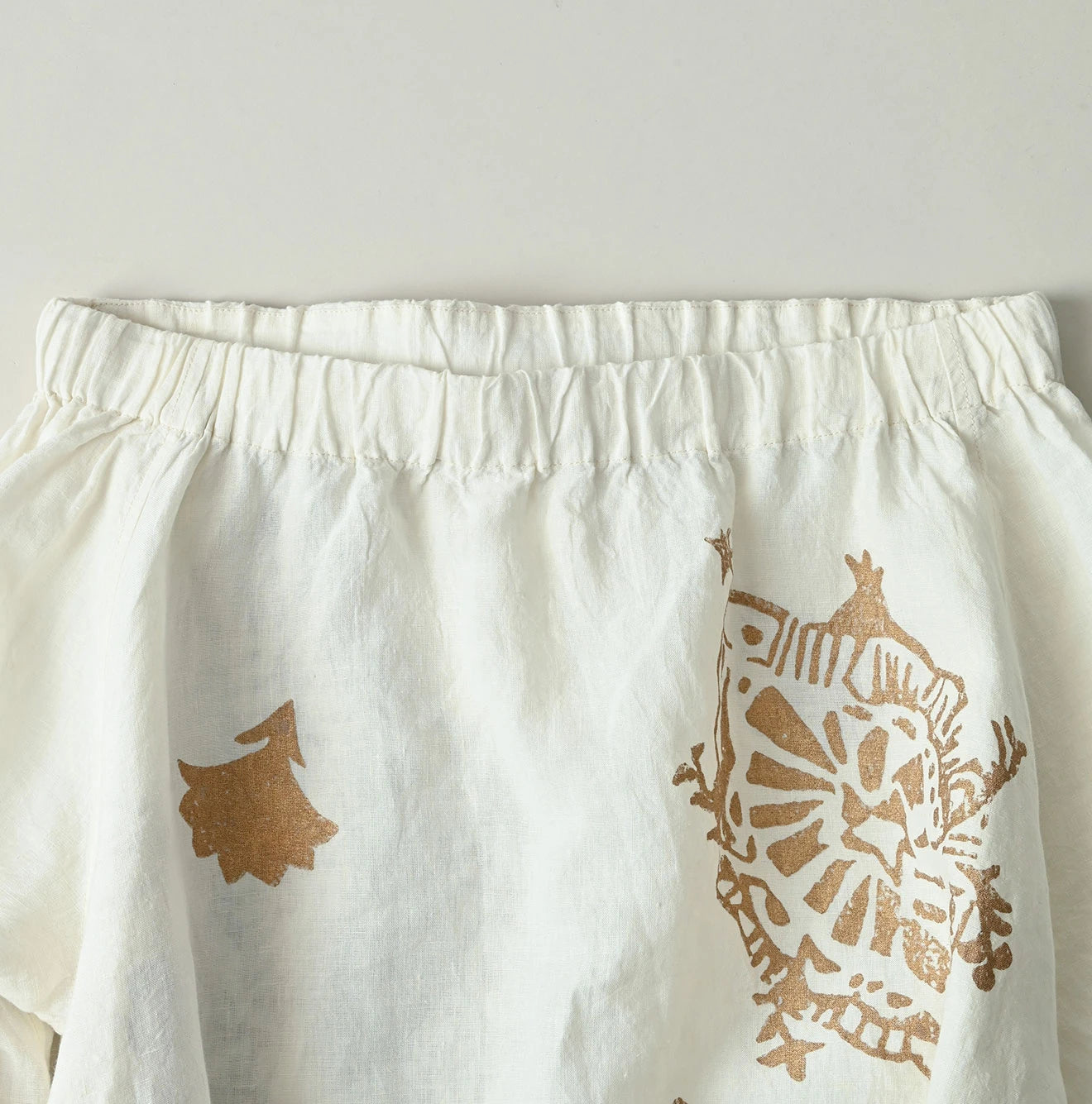 Indian Linen Gold Leaf Print Shirred Dress
