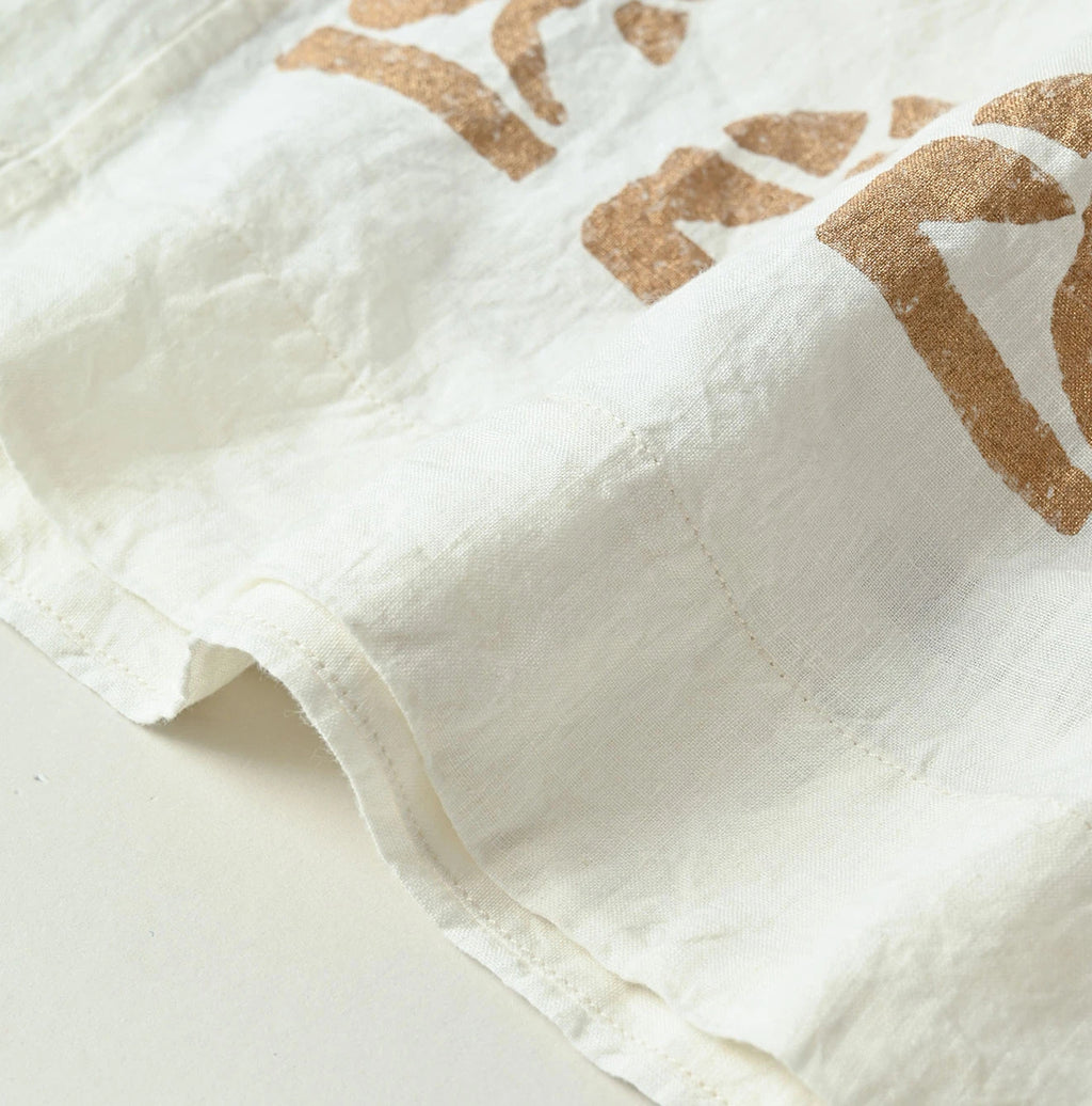 Indian Linen Gold Leaf Print Shirred Dress