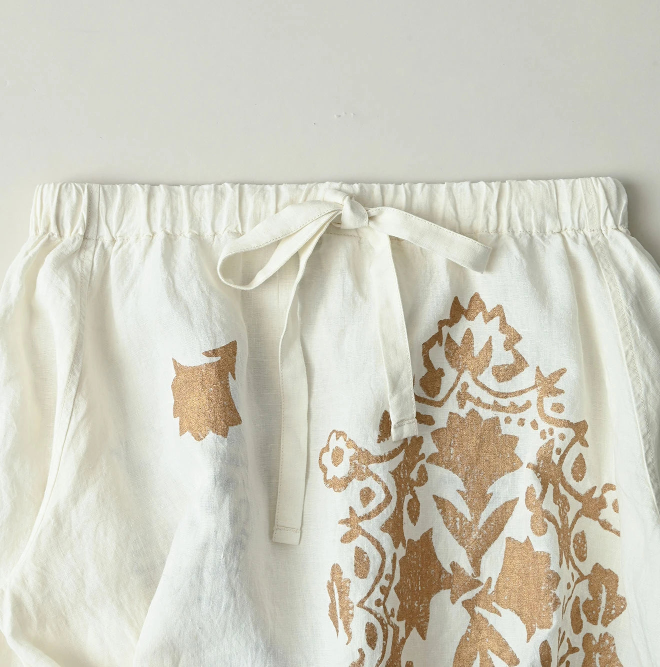 Indian Linen Gold Leaf Print Shirred Dress
