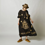 Indian Linen Gold Leaf Print Shirred Dress