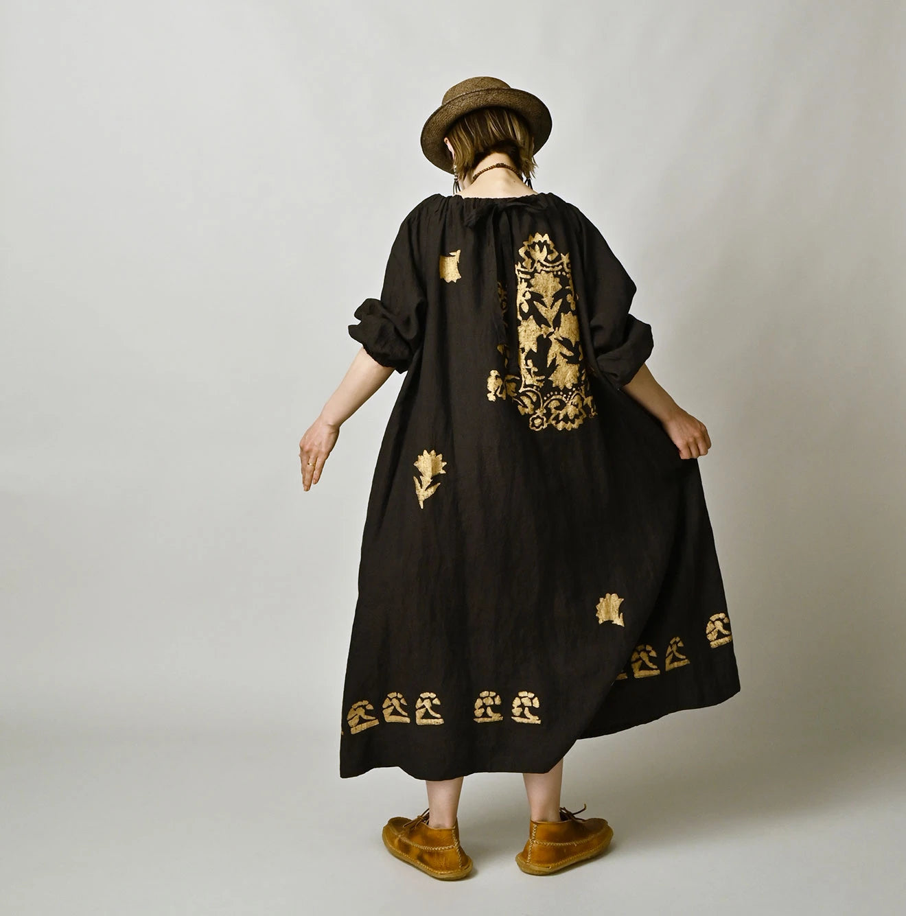 Indian Linen Gold Leaf Print Shirred Dress