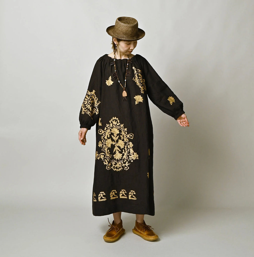 Indian Linen Gold Leaf Print Shirred Dress