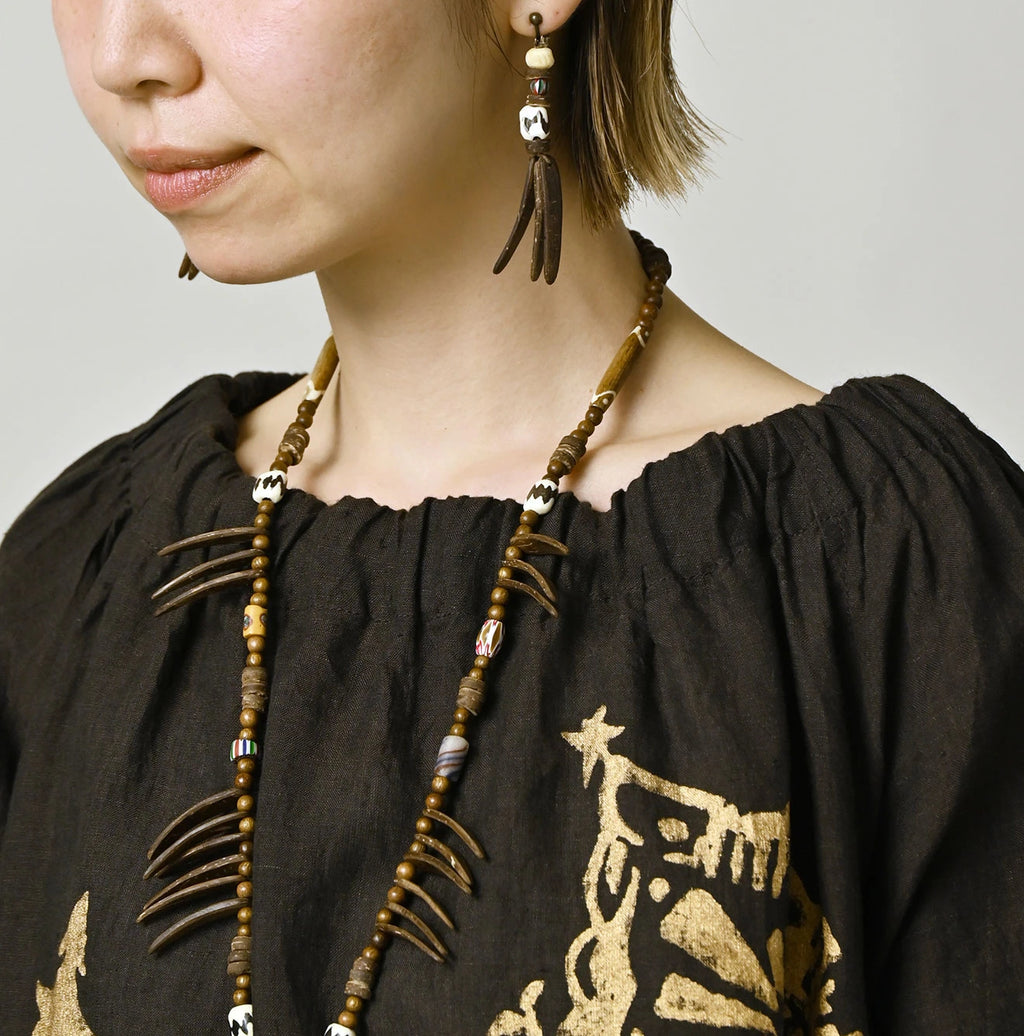Indian Linen Gold Leaf Print Shirred Dress