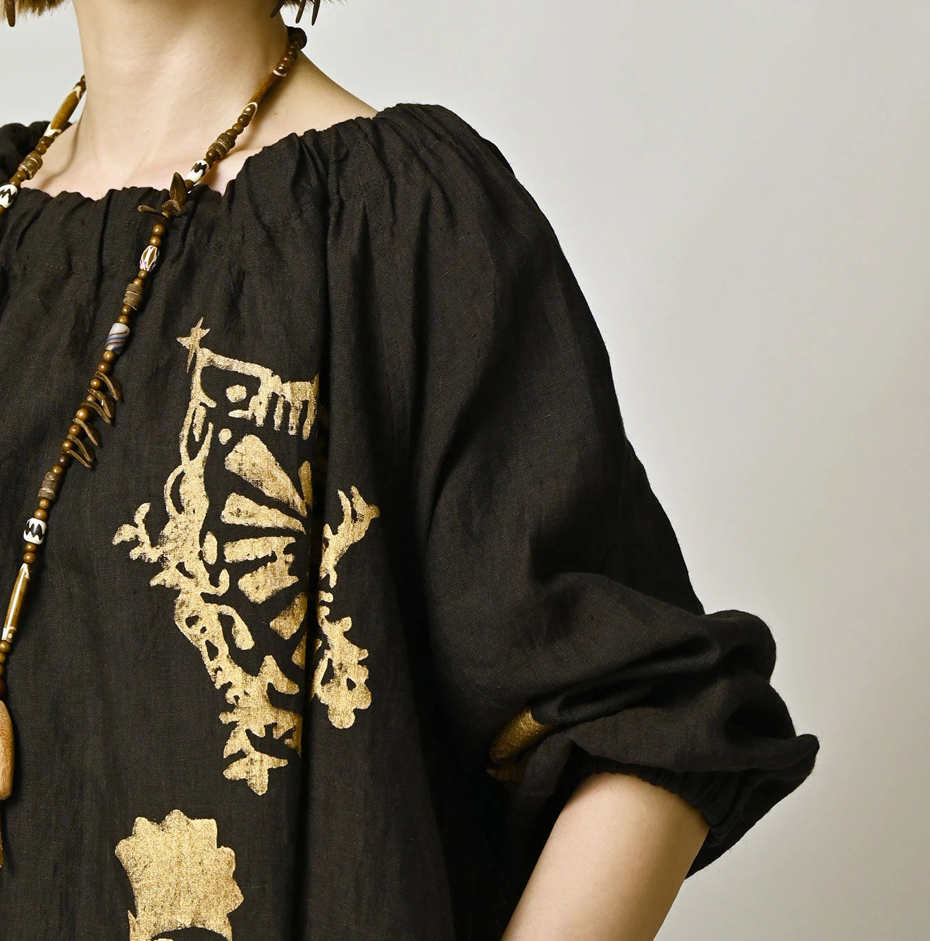 Indian Linen Gold Leaf Print Shirred Dress