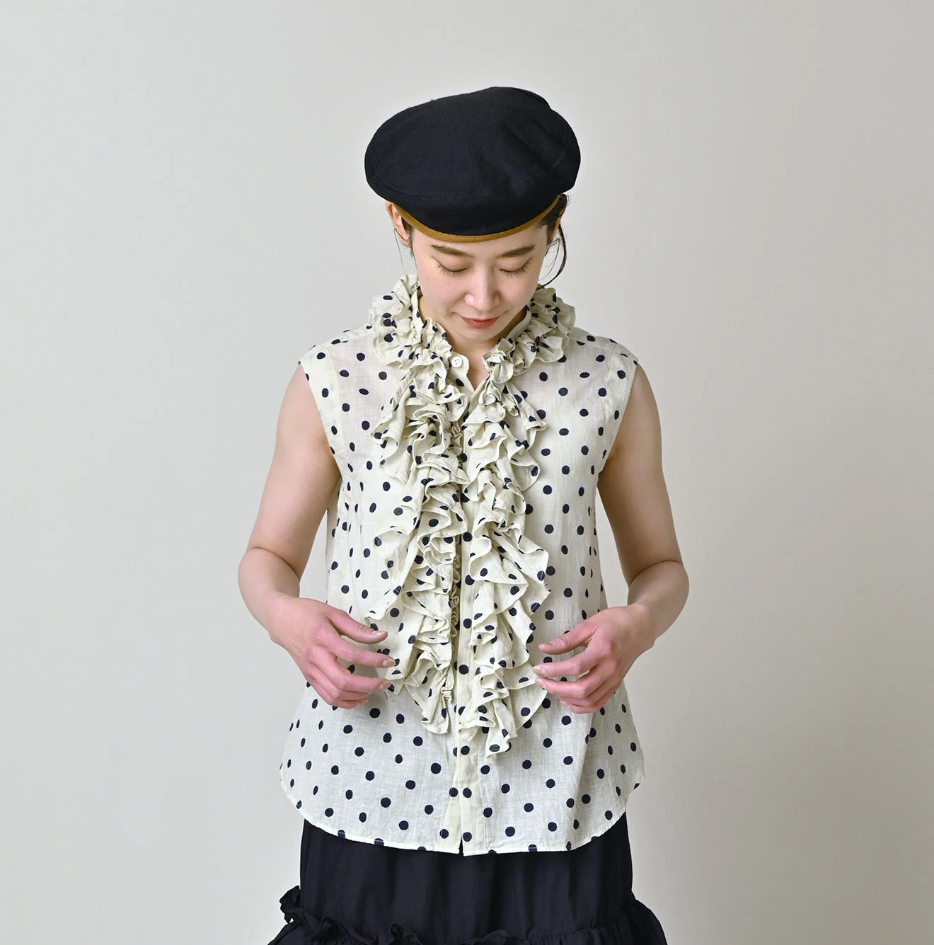 Gauze Polka Dots Print Frill Sleeveless Top